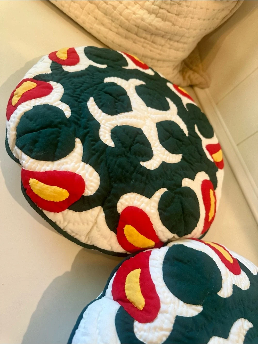 Handmade Quilted Round Quilted Throw Pillow Pair in Dark Green, White & Red